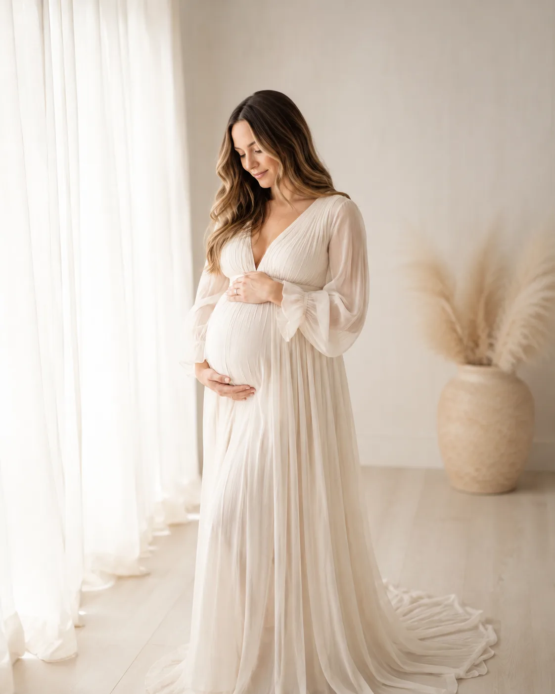 Pregnant woman in a flowing cream gown holding her bump during a Tampa maternity photography session