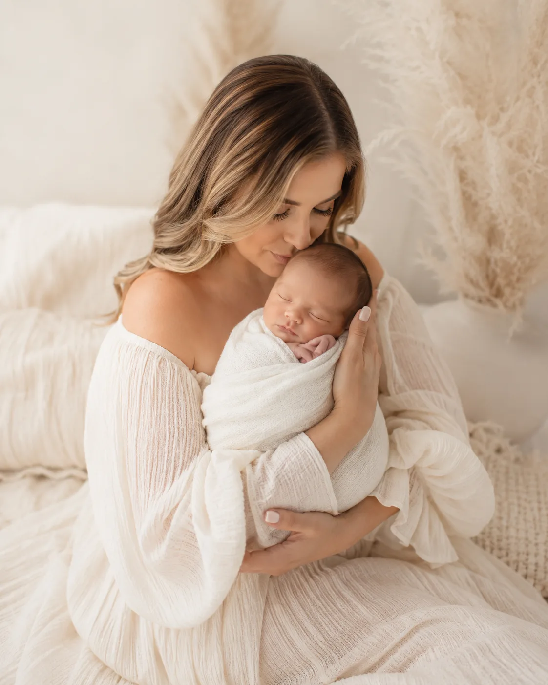 Mother holding her sleeping newborn baby during an in-studio session in Tampa, FL