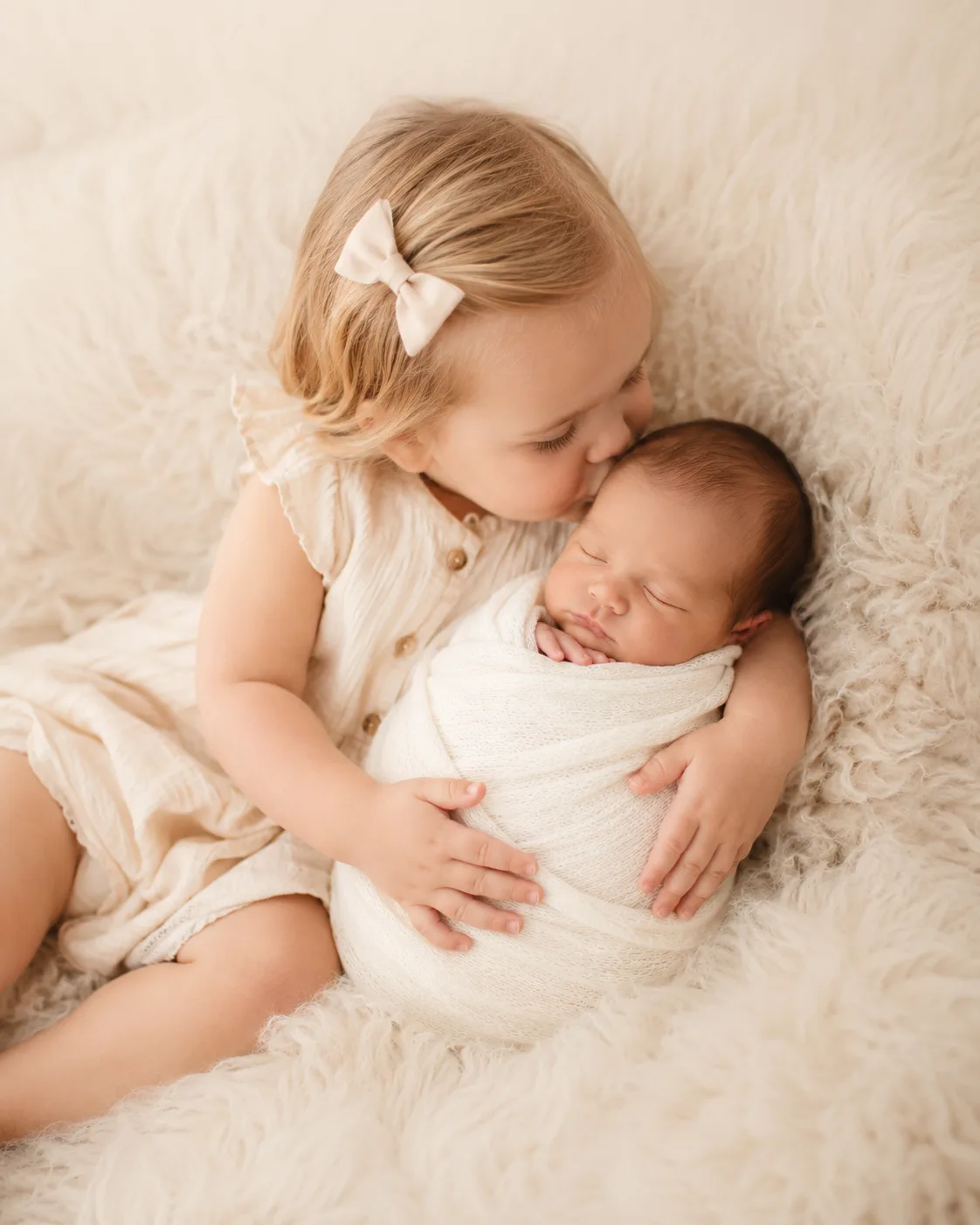 Toddler sister kissing her newborn sibling during a Tampa family photography session